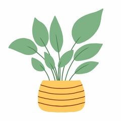 Houseplant in a pot. Cute houseplant in a yellow pot. Beautiful plant with green leaves. Vector illustration in hand drawn style.
