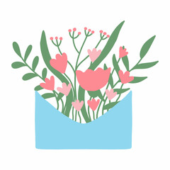 Cute envelope with pink flowers and leaves. Spring envelope with flowers. Spring illustration. Hand drawn style vector illustration.