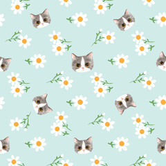 Seamless Pattern with Hand Drawn Cute Cat Face and White Daisy Design on Light Green Background