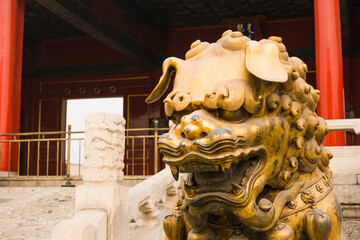 Bronze Lion gatekeeper in front of Taihe Gate of Beijing Forbidden Palace, China