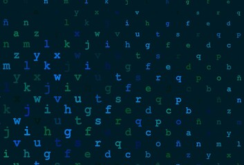 Dark blue, green vector background with signs of alphabet.