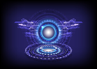 Abstract background. Portal and hologram science futuristic. Sci-fi digital hi-tech in glowing HUD circuit. Magic gate in game fantasy. Circle teleport podium. GUI and UI interface. VR, MR projector