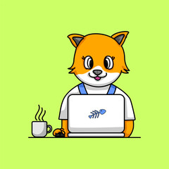 Cute cat is relaxing in front of the laptop while enjoying coffee illustration