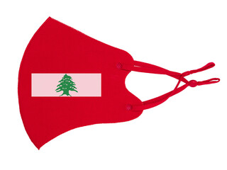 Red cotton reusable cloth protective mask looks as flag of Republic of Lebanon isolated on white...