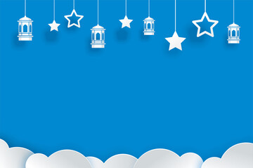 Ramadan Kareem star and lanterns hanging on background. Eid Mubarak paper art banner illustration design.