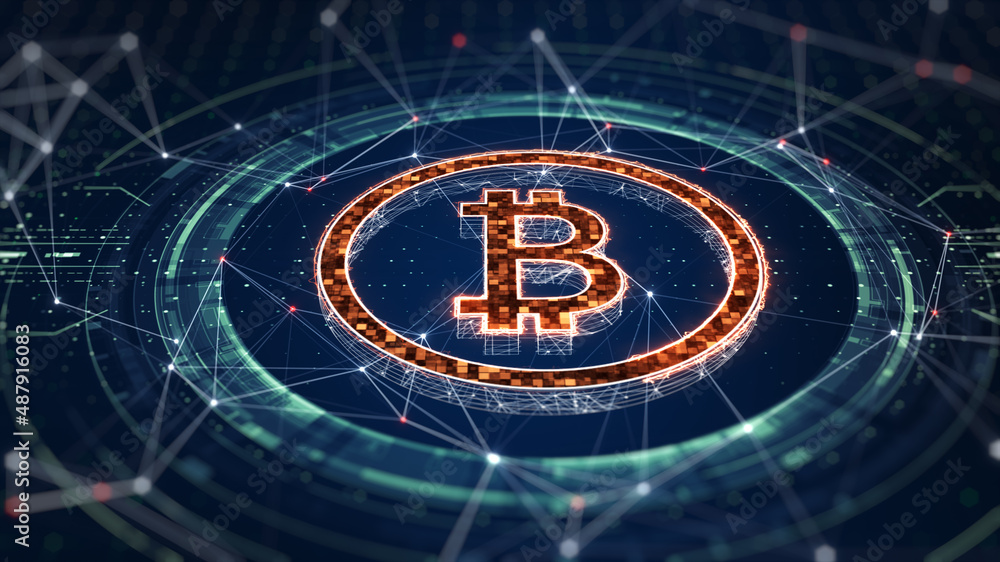 Poster bitcoin digital blocks security connections. futuristic digital money and technology worldwide netwo