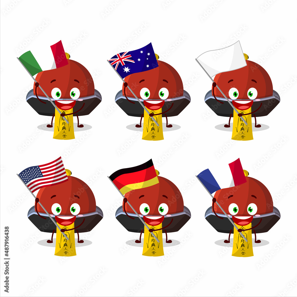 Sticker red vampire hat cartoon character bring the flags of various countries