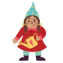 Cartoon garden gnome with watering can vector icon. Hand drawn illustration isolated on white background. Cute dwarf girl watering flowers. Fairy tale character in a cap with stars