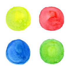 Collection of colored watercolor stains. Hand drawn illustration isolated on white background. Round blob, bright textured brush stroke. Colorful splashes of yellow, red, blue, green paint