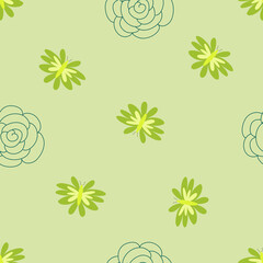 Trendy seamless pattern in natural green tones, abstract tropical leaves, shapes, flowers, hand drawn, vector