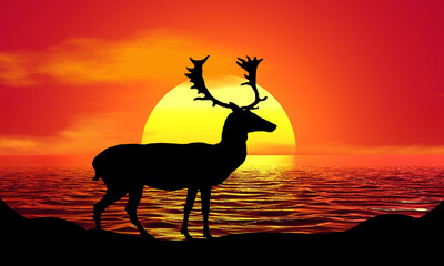 Fototapeta na wymiar Reindeer Deer Antler Sunset Beach Sunrise landscape illustration