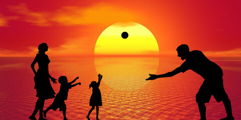 Fototapeta na wymiar Family Father kids playing Sunset Beach Sunrise landscape illustration