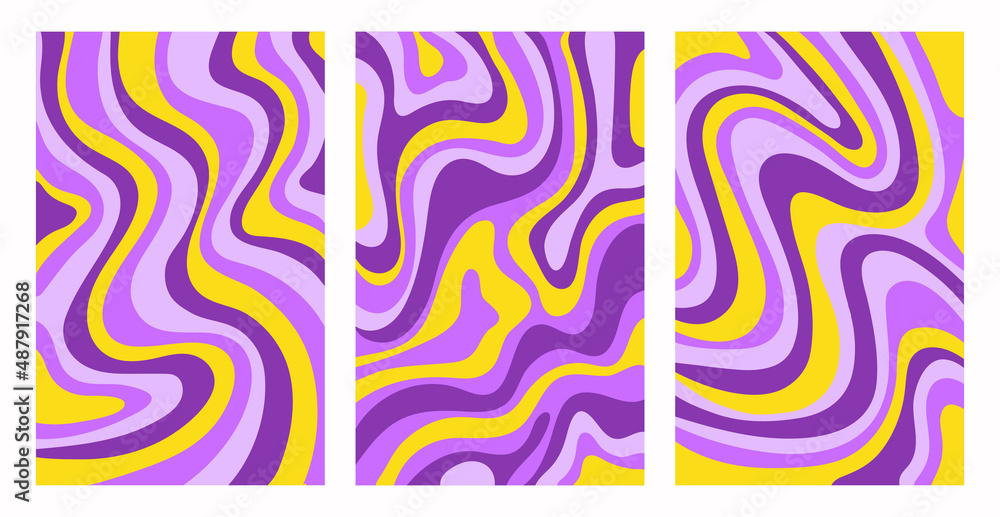 Poster retro set colorful psychedelic vertical backgrounds in style 70s, 80s. trendy abstract hand drawn wa