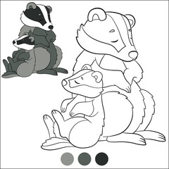 Color me: wild animals. Mother badger sleeps with her little cute baby.