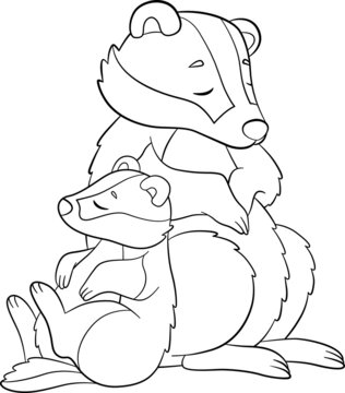 Coloring page. Mother badger sleeps with her little cute baby.