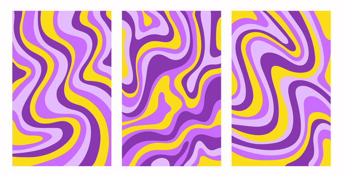 Retro set colorful psychedelic vertical backgrounds in style 70s, 80s. Trendy abstract hand drawn waves. Vector illustration
