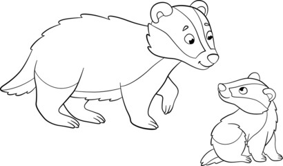 Coloring page. Mother badger stands with her little cute baby and smiles.
