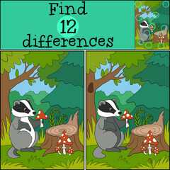 Educational game: Find differences. Little cute badger sits and holds an amanita in the hands.