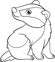 Coloring page. Little cute baby badger stits and smiles.