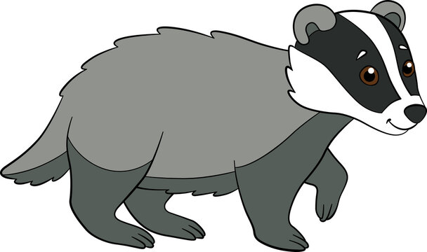 Cartoon wild animals. Little cute badger stands and smiles.