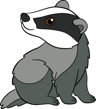 Cartoon wild animals. Little cute baby badger sits and smiles.