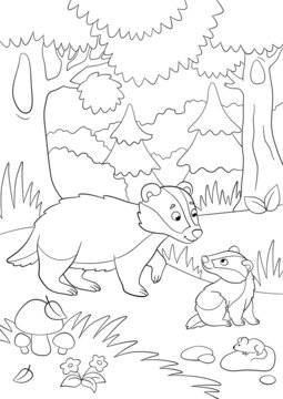 Coloring page. Mother badger stands with her little cute baby in the forest and smiles.