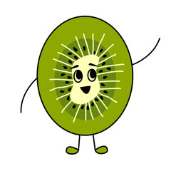 Fun kiwi character in cartoon style for kids. Sweet juicy fruit mascot with cute face for summer vitamin juice