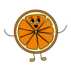 Fun orange character in cartoon style for kids. Sweet juicy citrus fruit mascot with cute face for summer vitamin juice
