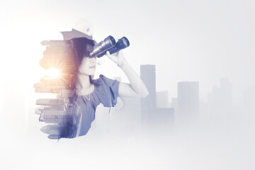 Double exposure of female manager using binoculars