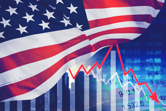America flag with declining finance graph