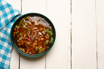 Beef birria consomme with chickpeas. Mexican food