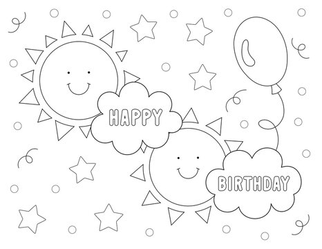 happy birthday coloring sheet with cute design and many shapes to color. you can print it on standard 8.5 x 11 inch page