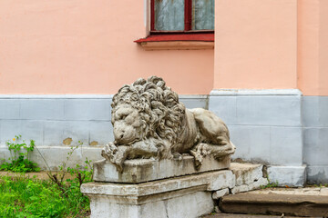 Beautiful statue of lion at Natalyevka estate complex in Kharkiv region, Ukraine