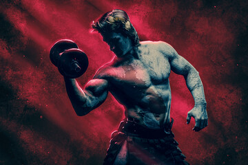 Fototapeta na wymiar Strong greek man with dumbbell agianst red background