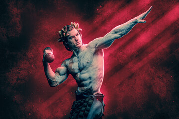 Artwork of greek athlete looking like sculpture and lifting dumbbell