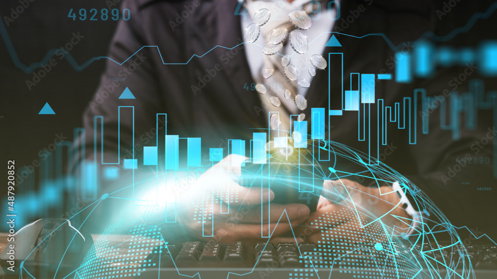 Aufkleber businessman using computer analyzing sales data and economic growth graph chart. business planning a