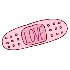 Vector cute pink bandage text love. Doodle on an isolated background. Print, banner, brochure.