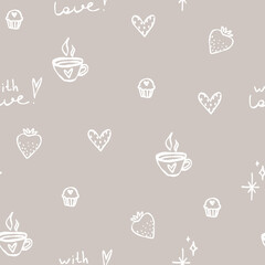 Cute pastel brown pattern with white doodle line coffee, tea, cafe, muffins, strawberry, dessert with love. Textiles for children, fabric, book, bedroom, baby. Digital paper scrapbook.