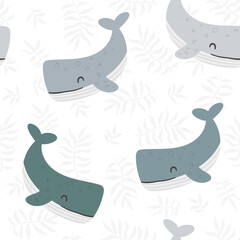 Whales seamless pattern with floral elements. Doodle hand drawn Scandinavian style vector illustration.