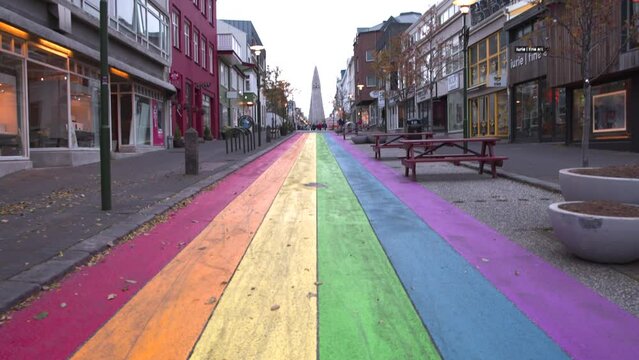 Colorful Rainbow street in Reykjavik city in autumn, Iceland.