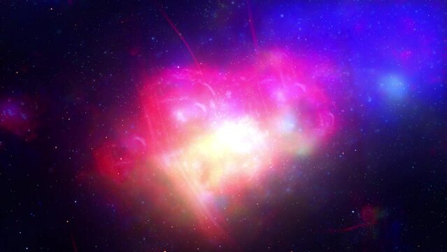 Seamless loop galaxy exploration through outer space towards glowing colorful glow galaxy. 4K loop animation of flying through colorful nebulae, clouds and stars field. Elements furnished by NASA imag
