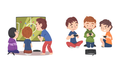 Cute little boys playing video game together cartoon vector illustration