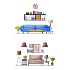 Comfy furniture and home decor elements for cozy room interior vector illustration