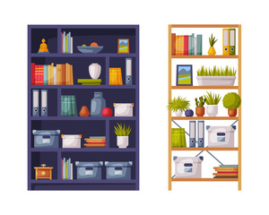 Wooden bookcases set. Furniture for home or office interior vector illustration