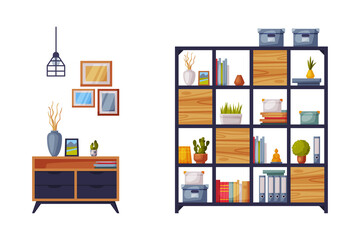 Cozy room interior. Wooden bookcase and chest of drawers vector illustration