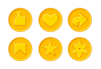 Social media icons set. Coins with like, share, bookmark, star, and flower signs.