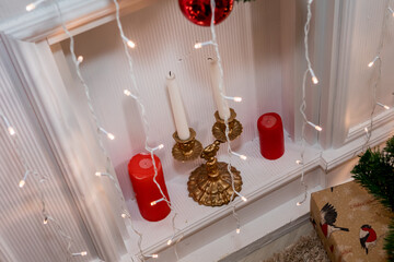 Christmas and New Year fireplace with candelabra and candles. Idea for holiday like Christmas and New year, for covers books, magazines, articles.
