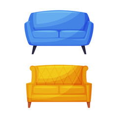 Yellow and blue sofa, furniture for cozy room interior vector illustration