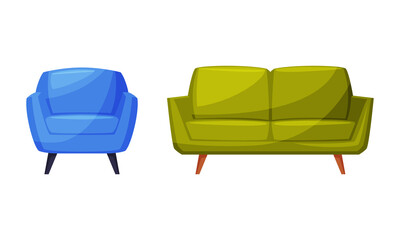 Green sofa and blue armchair, furniture for cozy room interior vector illustration
