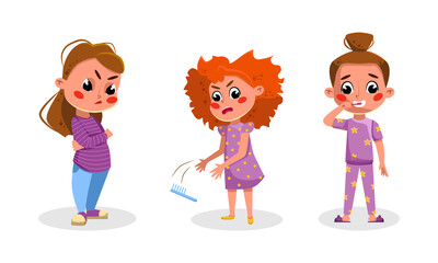 Kid daily routine activities set. Girl is offended, combing her hair and brushing her teeth cartoon vector illustration